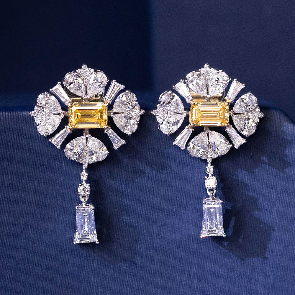 11.12ctw Emerald & Pear Shape Fancy Yellow & White Diamond Earrings 14k White Gold