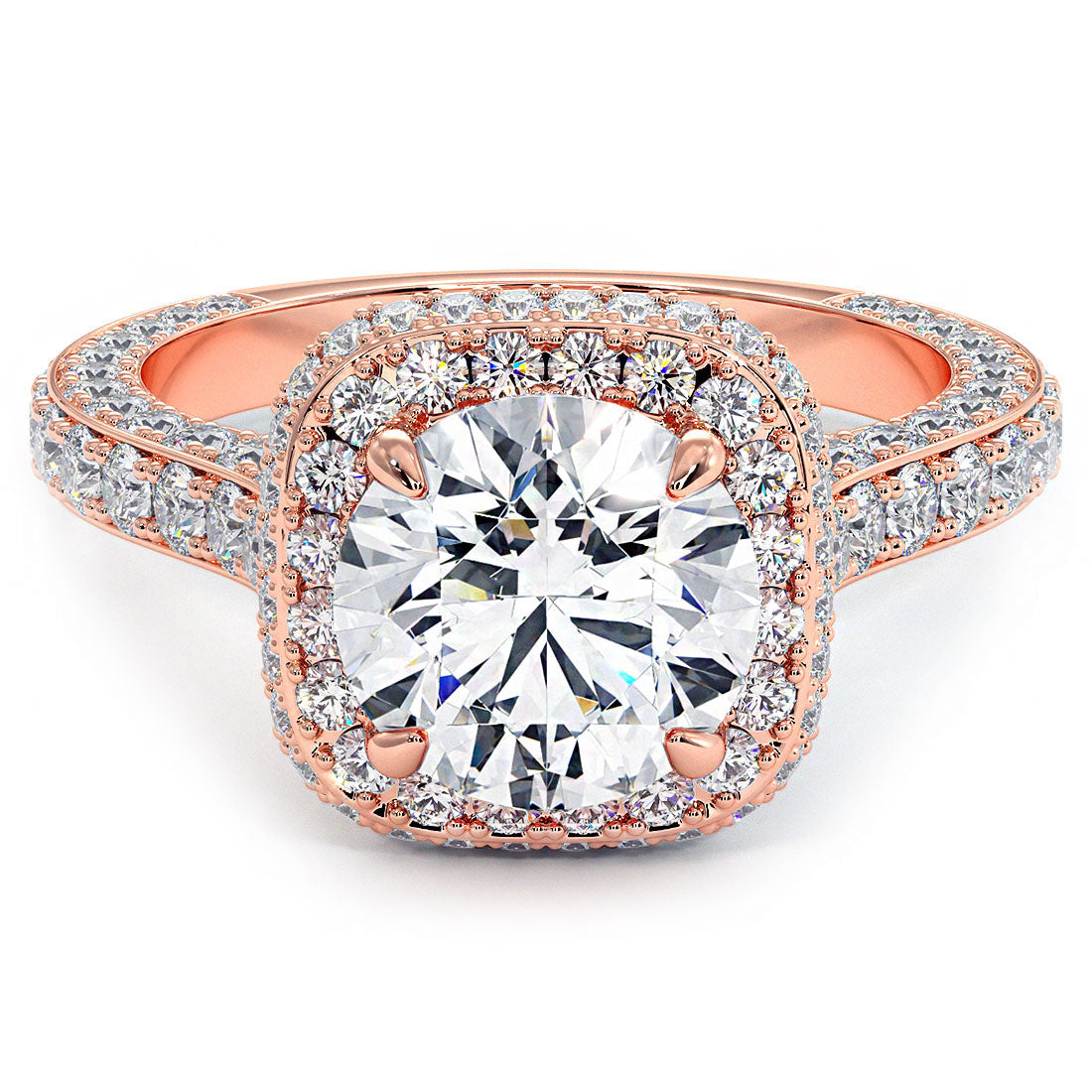 4.03ctw Round Brilliant Halo 3D Micropavé Shank Lab Grown Diamond Engagement Ring 14k Rose Gold