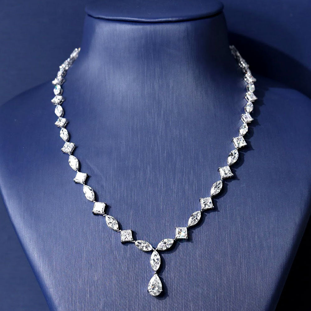 32.42ctw Princess Marquise Mix Shape Diamond Drop Necklace 14k White Gold