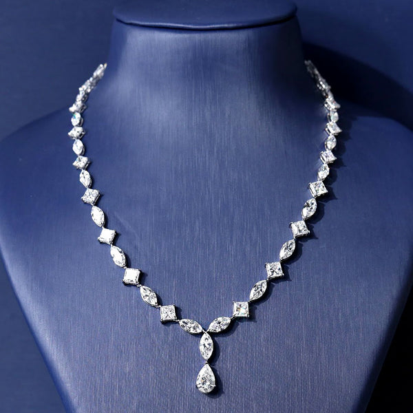 32.42ctw Princess Marquise Mix Shape Diamond Drop Necklace 14k White Gold