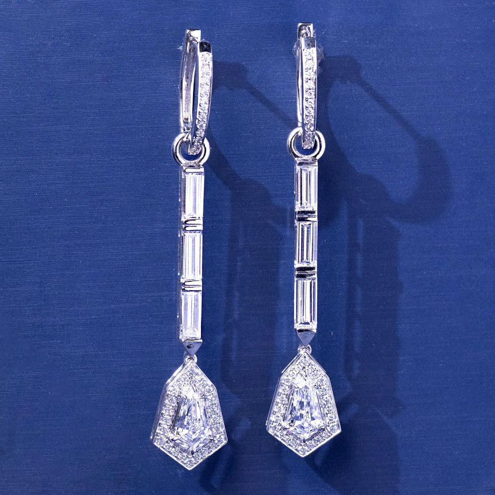 4.78ctw  Baguette & Kite Shape Diamond Earrings 14k White Gold