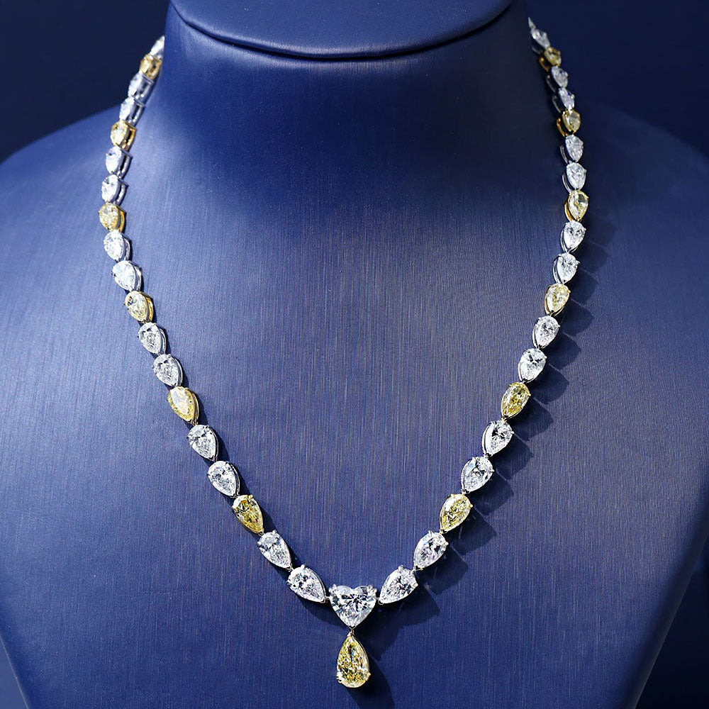 34.08ctw Pear & Heart Shape Fancy Yellow & White Diamond Drop Necklace 14k White Gold