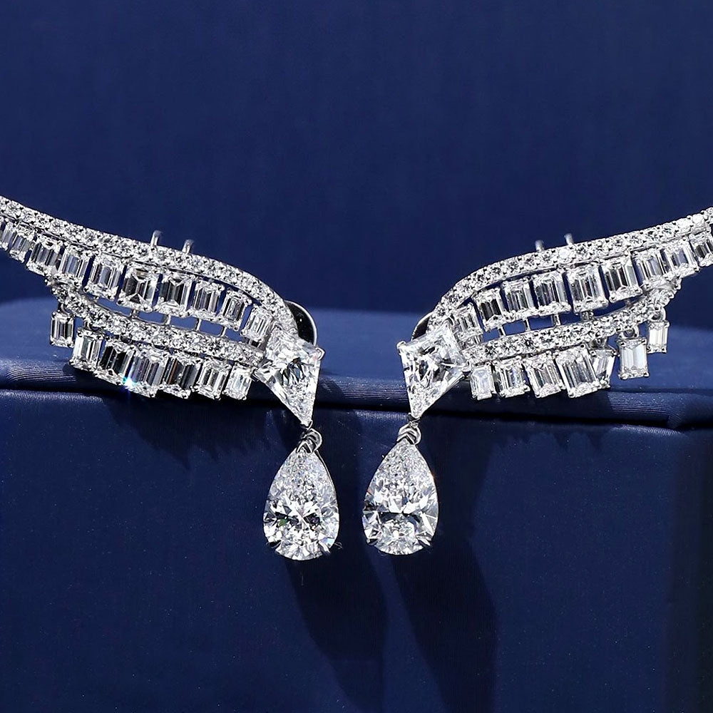 11.73ctw  Kites Emerald Cut & Pear Shape Diamond Earrings 14k White Gold