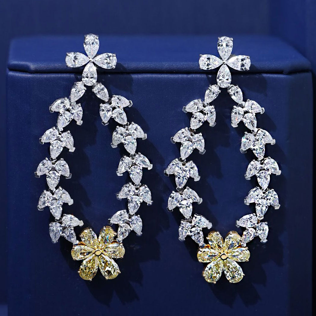 17.50ctw Pear Shape Fancy Yellow & White Diamond Earrings 14k White Gold