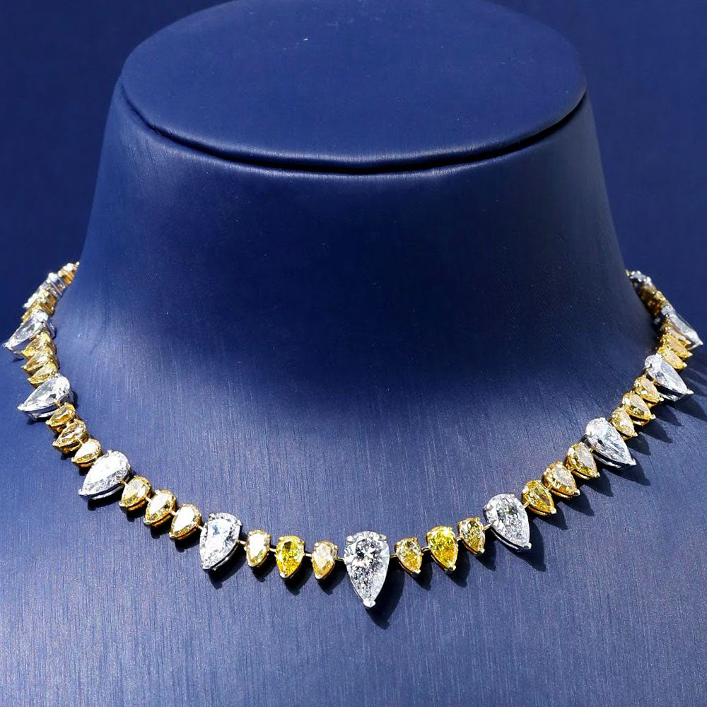45.59ctw Pear Shape Fancy Yellow & White Diamond Choker Necklace 14k White Gold