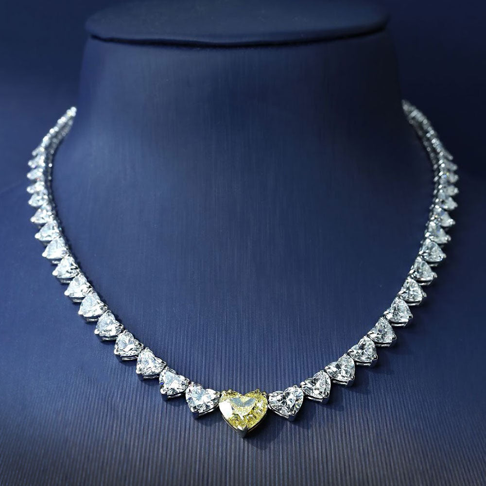 39.53ctw Heart Shape Fancy Yellow & White Diamond Tennis Necklace 14k White Gold