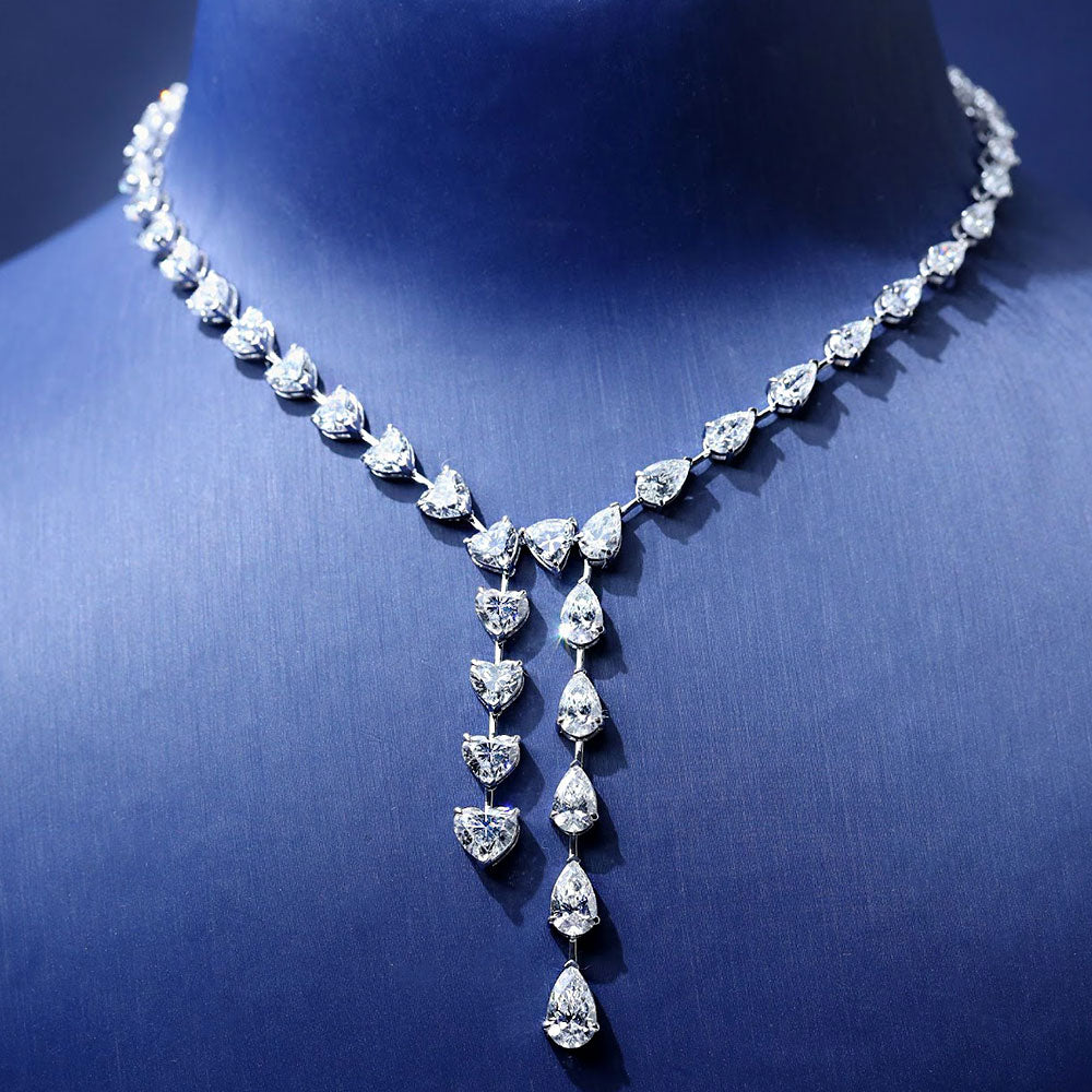 30.61ctw Heart & Pear Shape Drop Diamond Necklace 14k White Gold