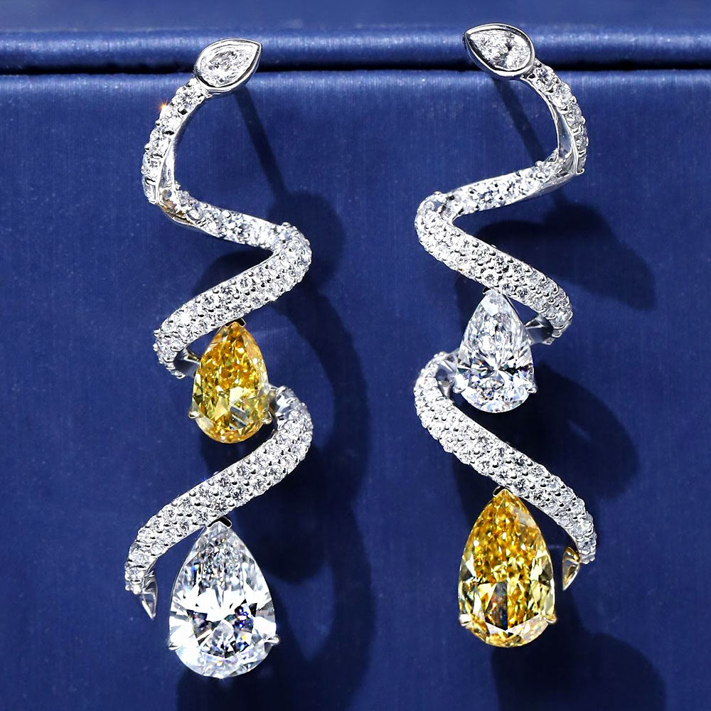 6.59ctw Pear Shape Fancy Yellow & White Diamond Earrings 14k White Gold