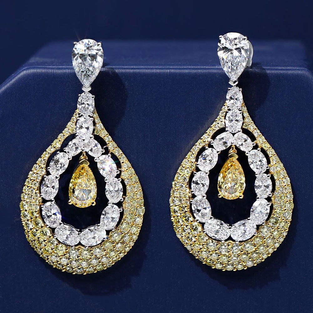 21.95ctw Rounds Oval & Pear Shape Fancy Yellow & White Diamond Earrings 14k White Gold