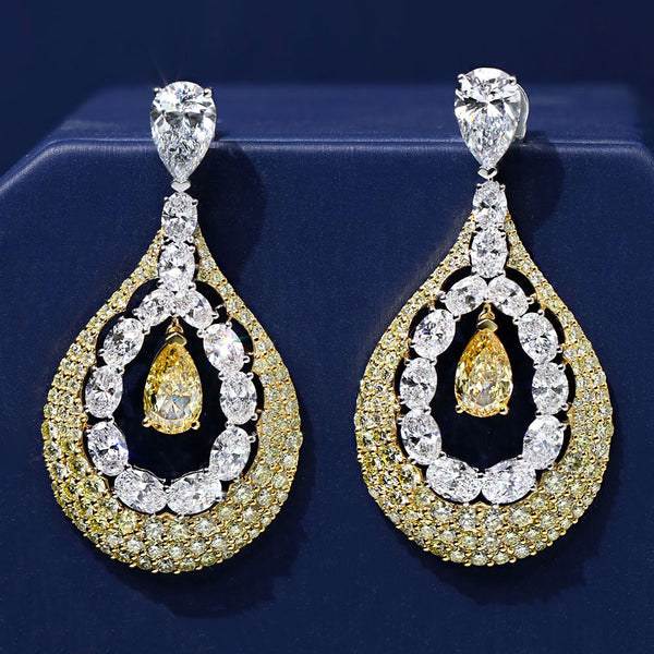 21.95ctw Rounds Oval & Pear Shape Fancy Yellow & White Diamond Earrings 14k White Gold