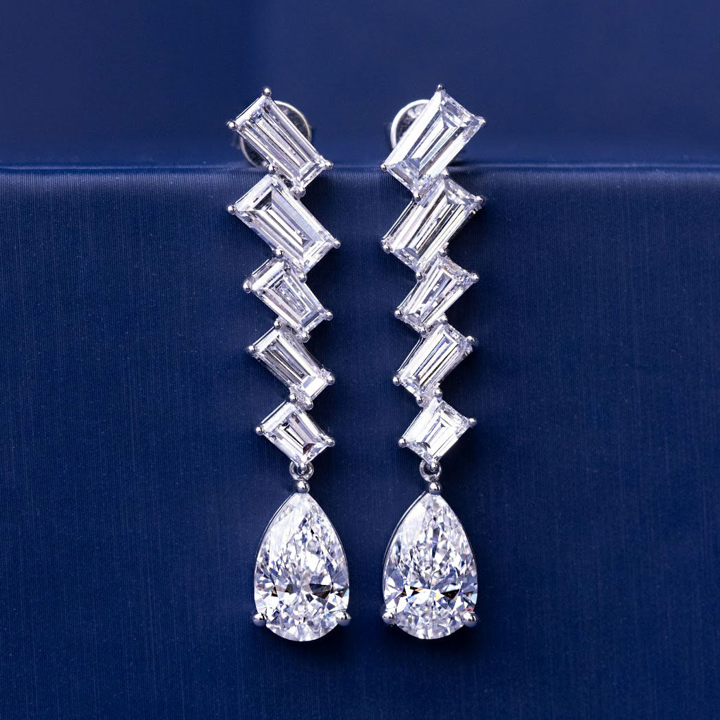 8.13ctw Pear Shape & Tapered Baguette Diamond Earrings 14k White Gold