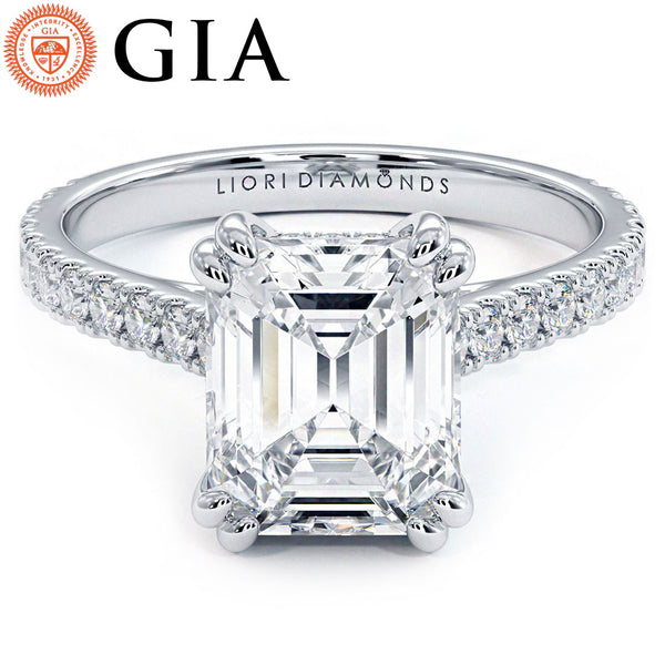 2.57ctw GIA Certified D-VS1 Emerald Cut Petite Micro Prong Set Lab Grown Diamond Engagement Ring set in 18k White Gold