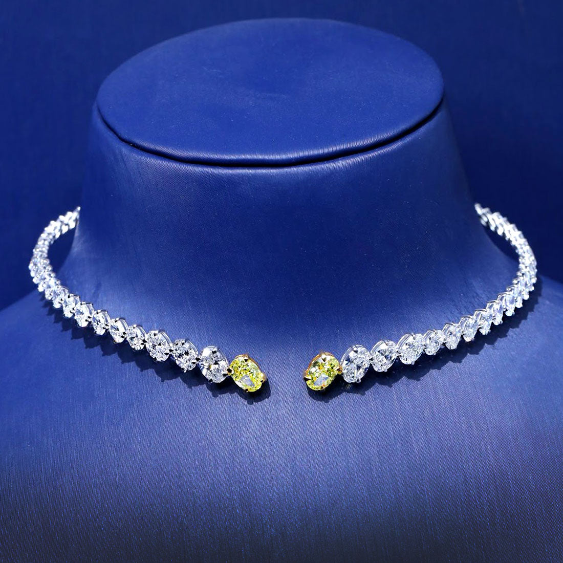 31.46ctw Oval Cut Fancy Yellow & White Diamond Choker Necklace 14k White Gold