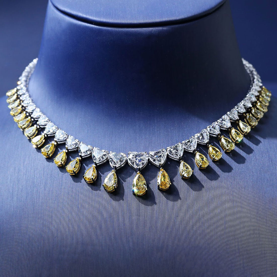 55.02ctw Heart & Pear Shape Fancy Yellow & White Diamond Choker Necklace 14k White Gold