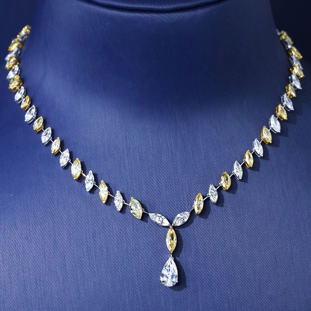 27.82ctw Fancy Yellow & White Marquise & Pear Shape Diamond Drop Necklace 14k White Gold