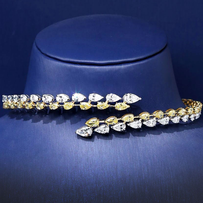 47.10ctw Pear Shape Fancy Yellow & White Diamond Choker Necklace 14k White Gold