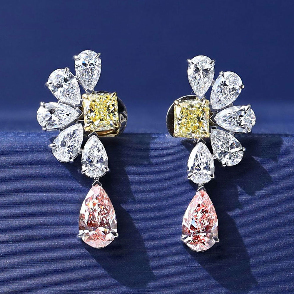 7.66ctw Cushion & Pear Shape Fancy Pink Yellow & White Diamond Earrings 14k White Gold