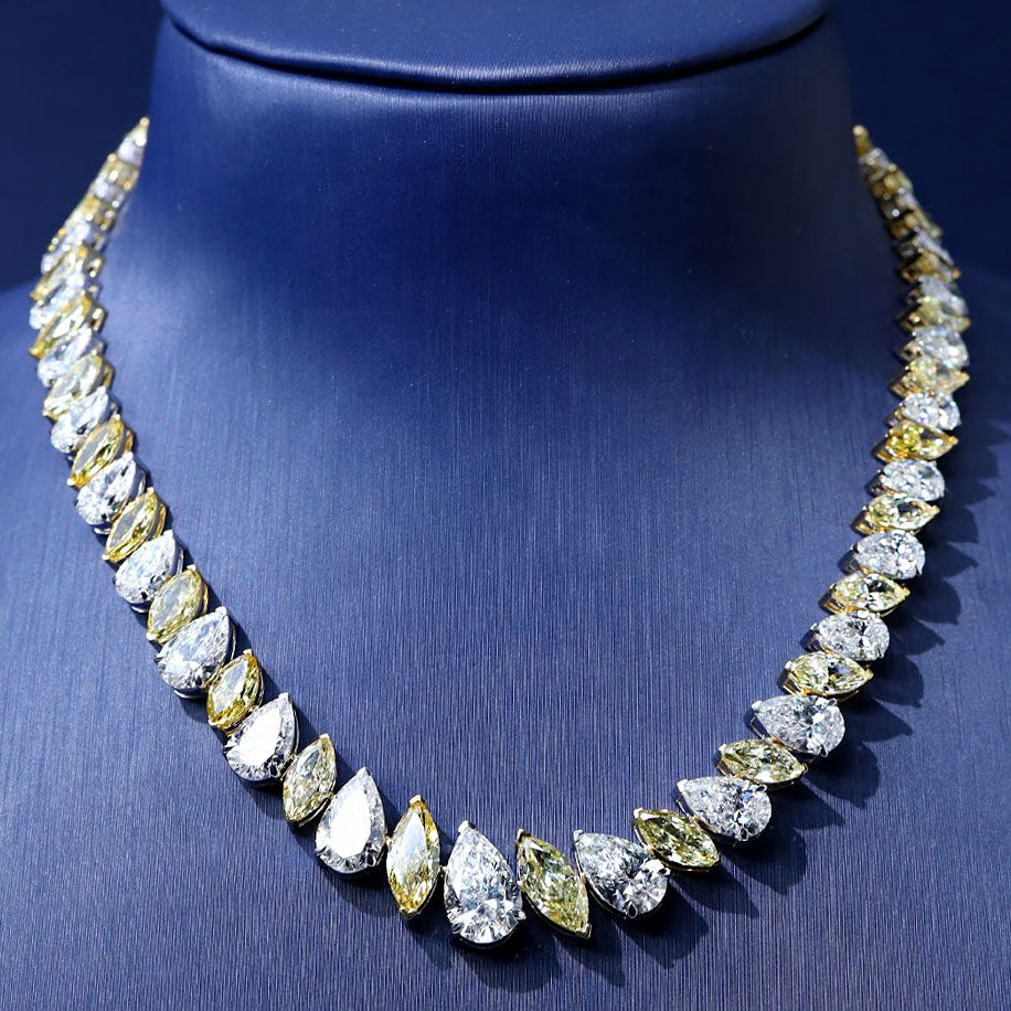 53.81ctw Marquise & Pear Shape Fancy Yellow & White Diamond Choker Necklace 14k White Gold