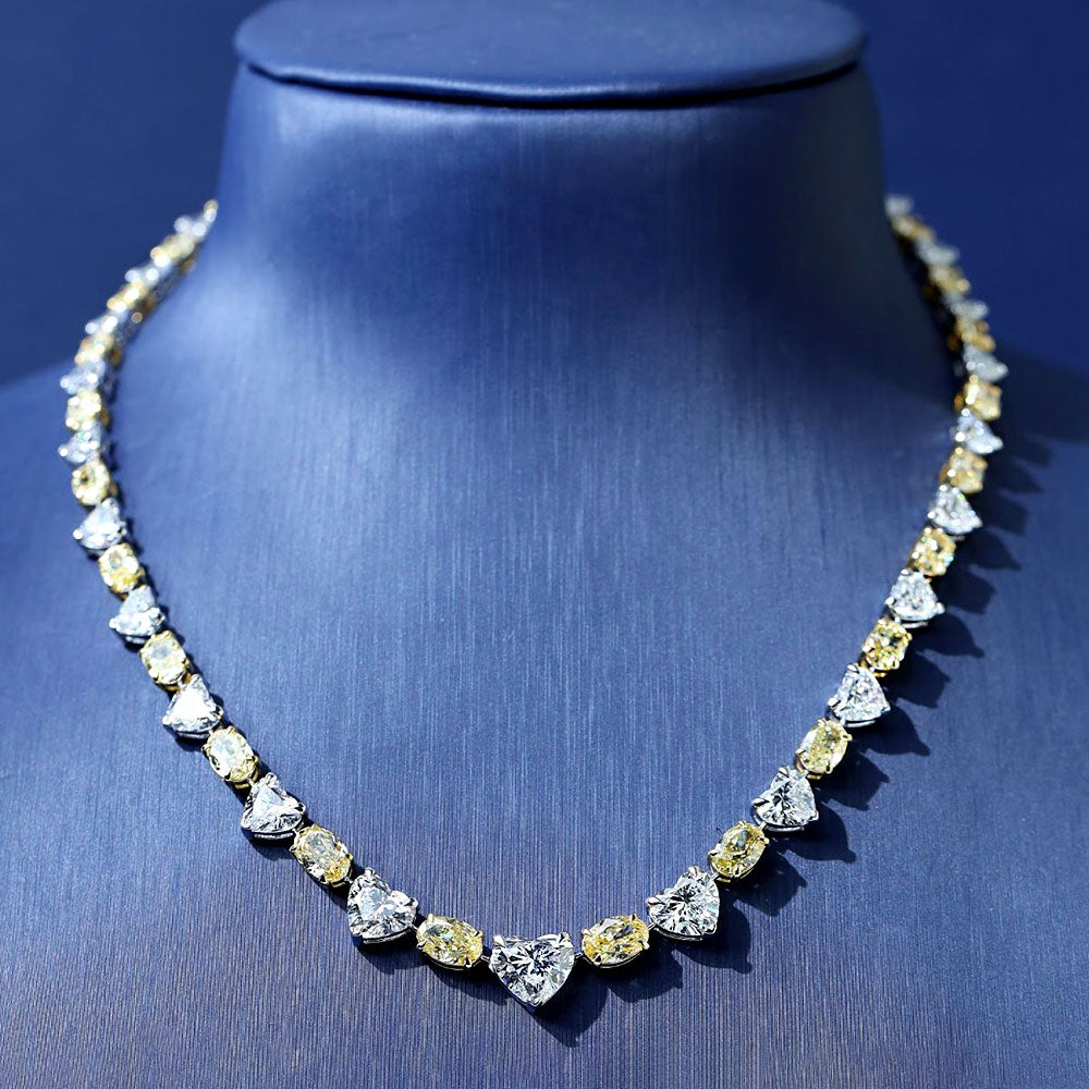 34.23ctw Oval & Heart Shape Fancy Yellow & White Diamond Tennis Necklace 14k White Gold
