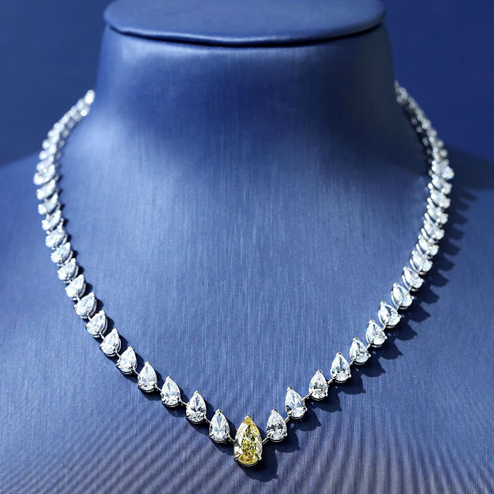 22.66ctw Pear Shape Fancy Yellow & White Diamond Necklace 14k White Gold