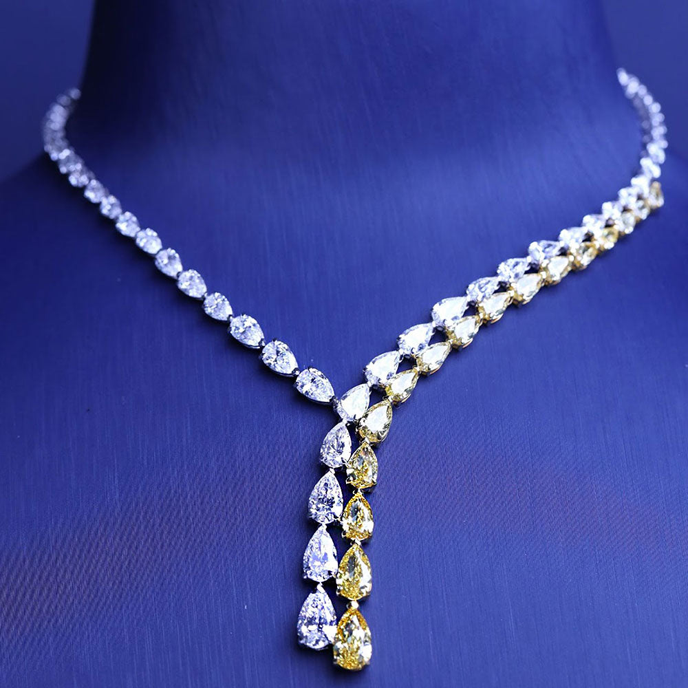 35.20ctw Fancy Yellow & White Pear Shape Drop Diamond Necklace 14k White Gold
