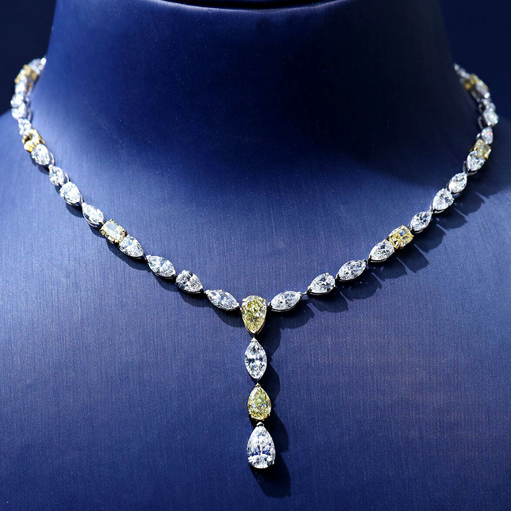 30.32ctw Fancy Yellow & White Pear Shape Diamond Necklace 14k White Gold