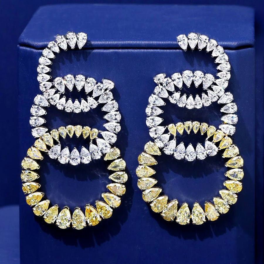 30.73ctw Pear Shape Fancy Yellow & White Diamond Earrings 14k White Gold