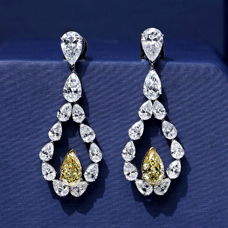 13.72ctw Pear Shape Fancy Yellow & White Diamond Earrings 14k White Gold