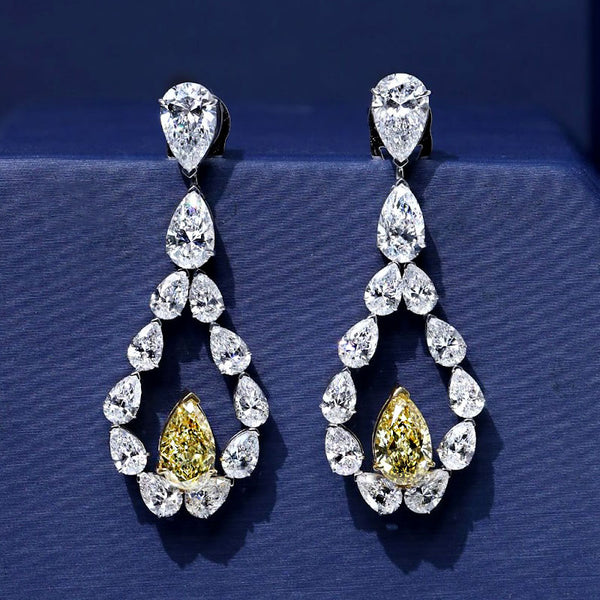 13.72ctw Pear Shape Fancy Yellow & White Diamond Earrings 14k White Gold