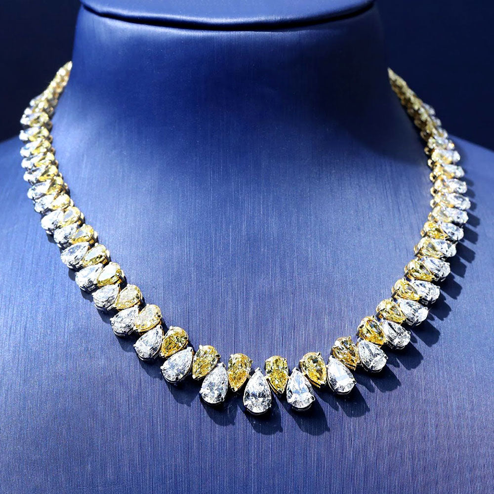 45.77ctw Pear Shape Fancy Yellow & White Diamond Choker Necklace 14k White Gold