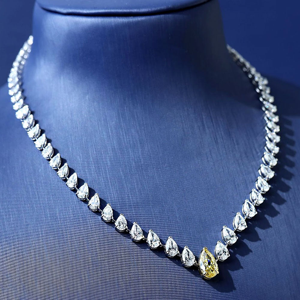 22.66ctw Pear Shape Fancy Yellow & White Diamond Necklace 14k White Gold