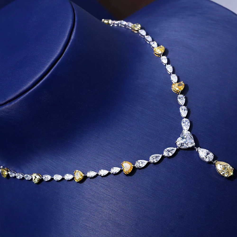 33.73ctw Pear & Heart Shape Fancy Yellow & White Diamond Drop Necklace 14k White Gold