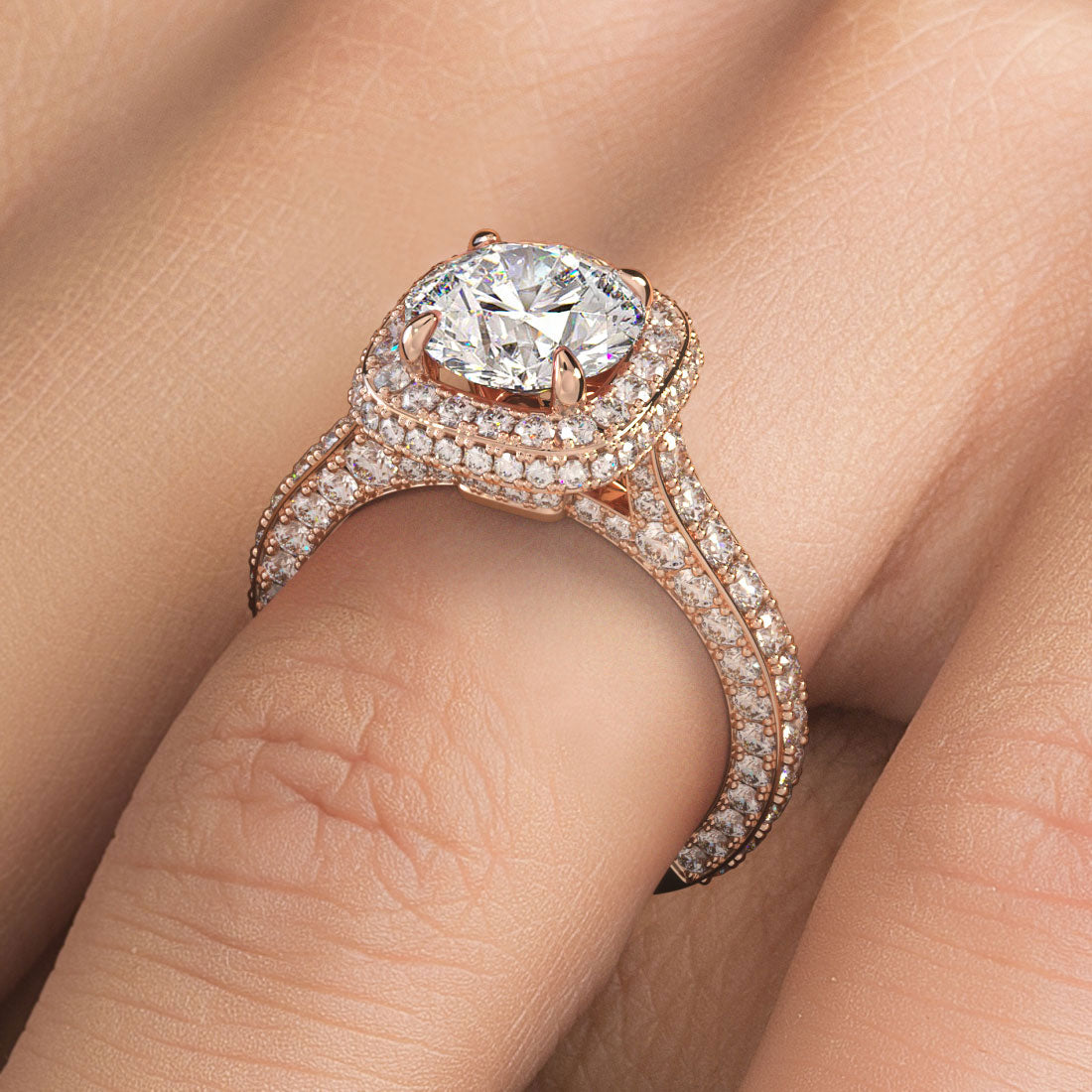 4.03ctw Round Brilliant Halo 3D Micropavé Shank Lab Grown Diamond Engagement Ring 14k Rose Gold