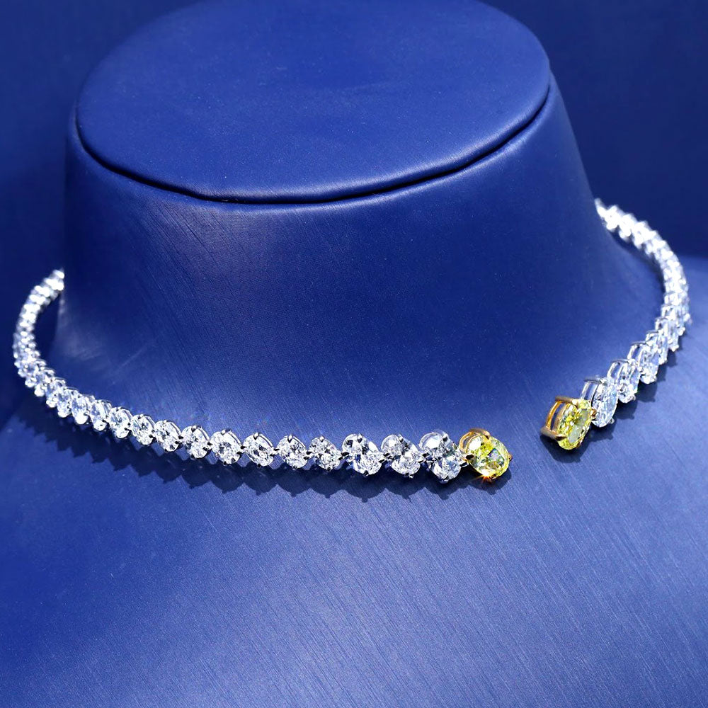 31.46ctw Oval Cut Fancy Yellow & White Diamond Choker Necklace 14k White Gold
