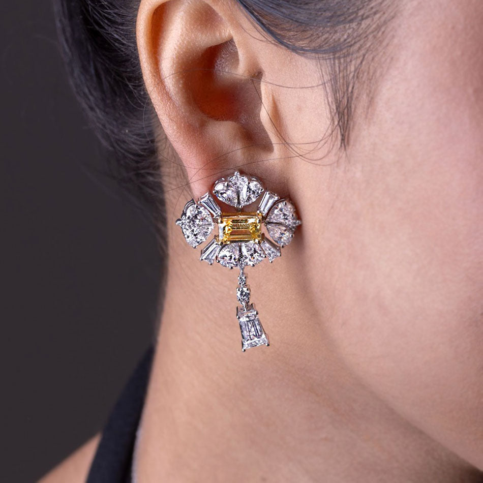 11.12ctw Emerald & Pear Shape Fancy Yellow & White Diamond Earrings 14k White Gold