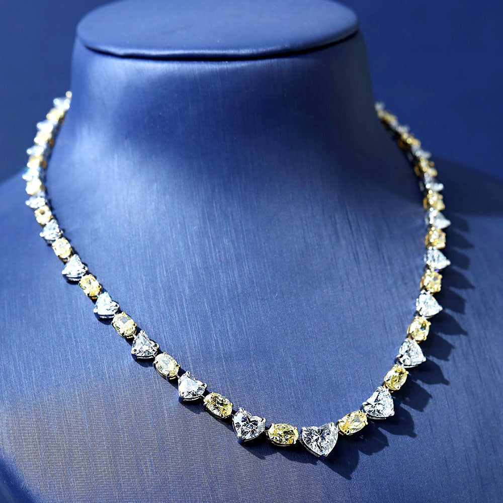34.23ctw Oval & Heart Shape Fancy Yellow & White Diamond Tennis Necklace 14k White Gold