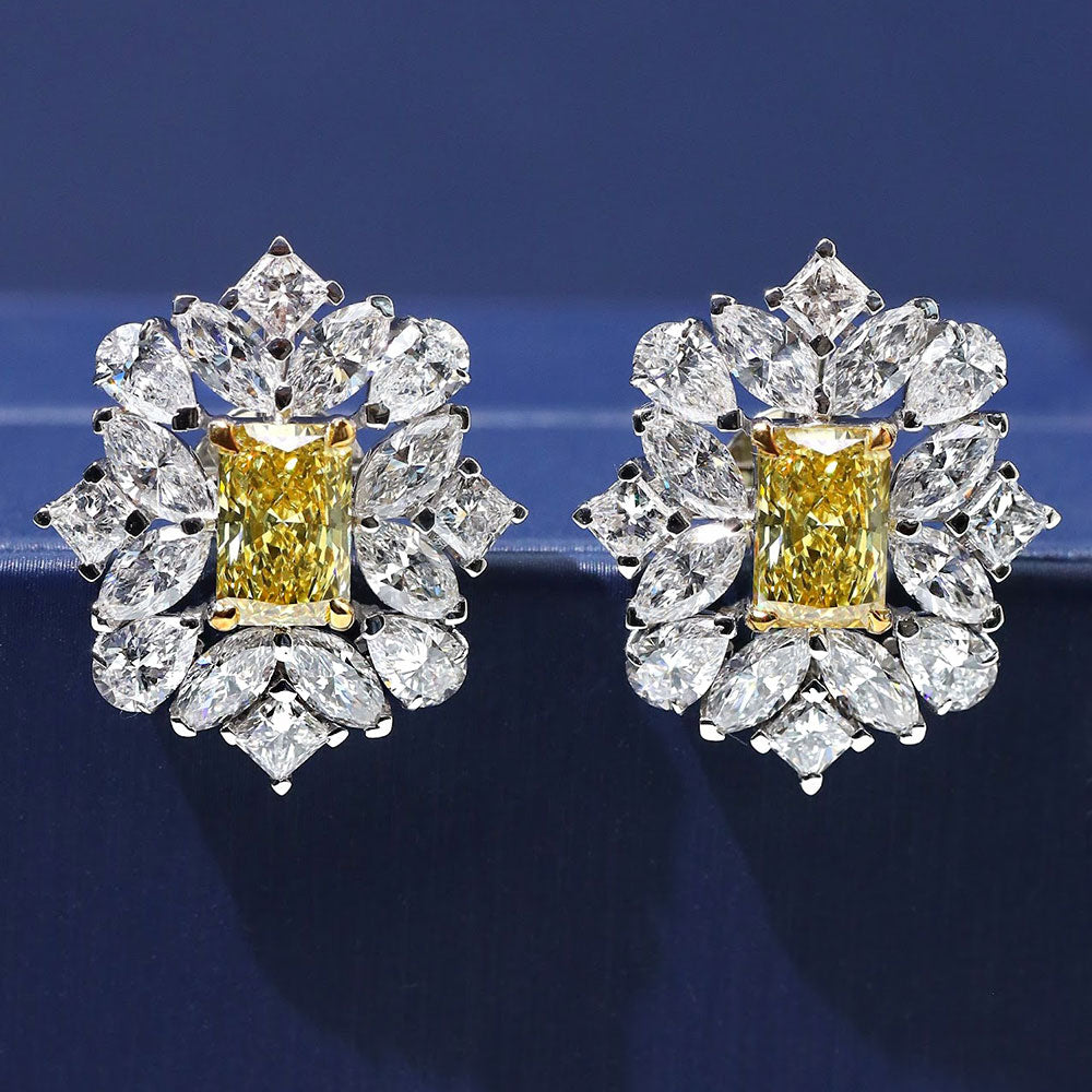 10.53ctw Princess Mix Shape Fancy Yellow & White Diamond Earrings 14k White Gold