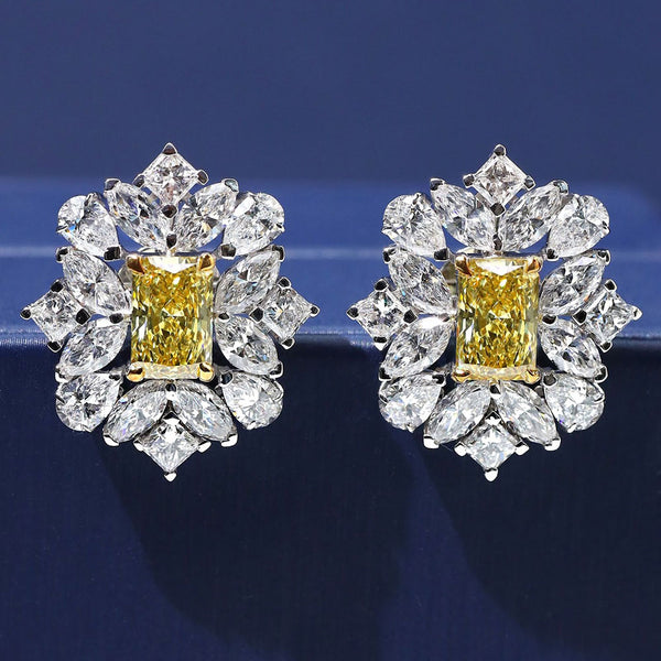 10.53ctw Princess Mix Shape Fancy Yellow & White Diamond Earrings 14k White Gold
