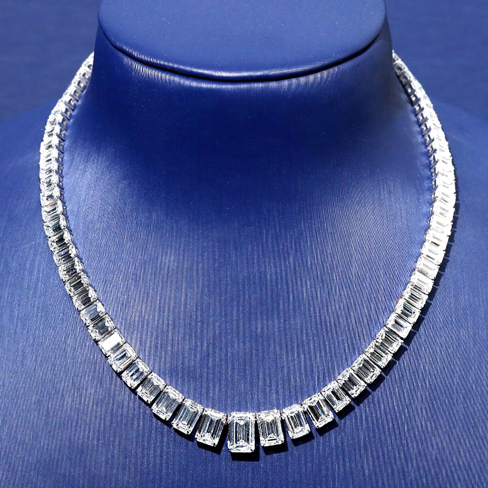 49.66ctw Graduated Emerald Cut Diamond Tennis Necklace 14k White Gold