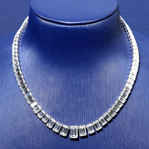 49.66ctw Graduated Emerald Cut Diamond Tennis Necklace 14k White Gold