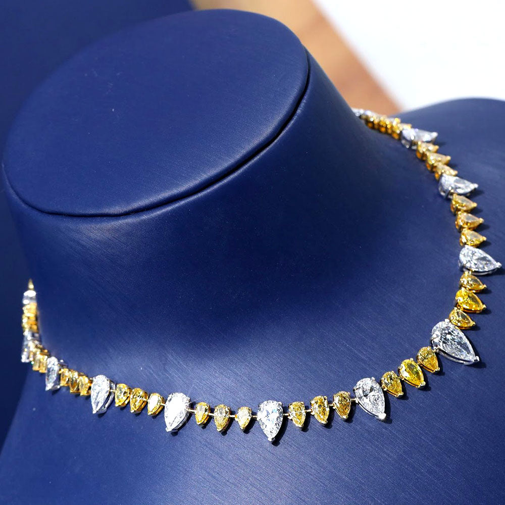 45.59ctw Pear Shape Fancy Yellow & White Diamond Choker Necklace 14k White Gold