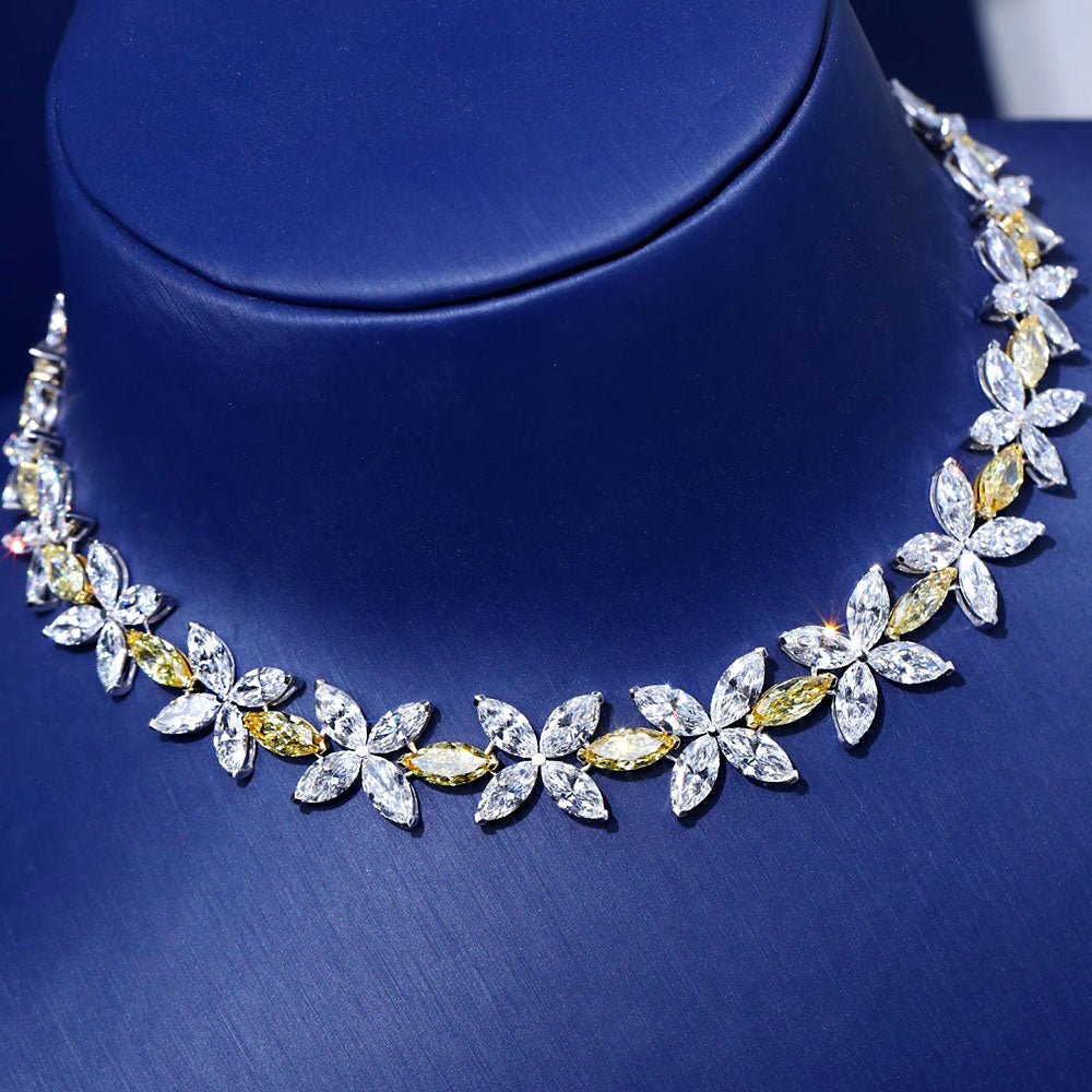 57.09ctw Marquise Cut Fancy Yellow & White Diamond Choker Necklace 14k White Gold