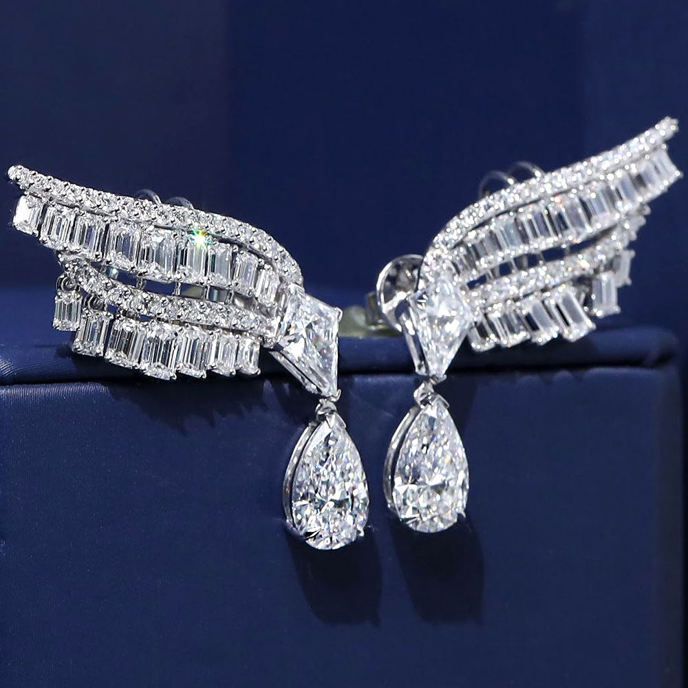 11.73ctw  Kites Emerald Cut & Pear Shape Diamond Earrings 14k White Gold
