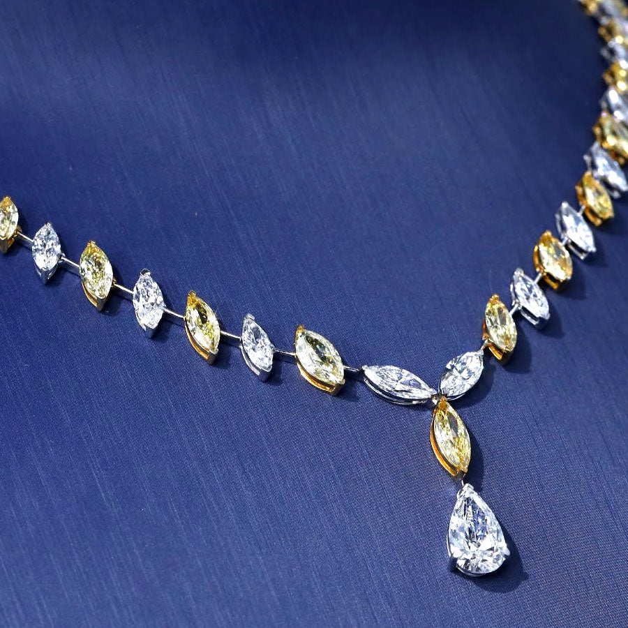 27.82ctw Fancy Yellow & White Marquise & Pear Shape Diamond Drop Necklace 14k White Gold