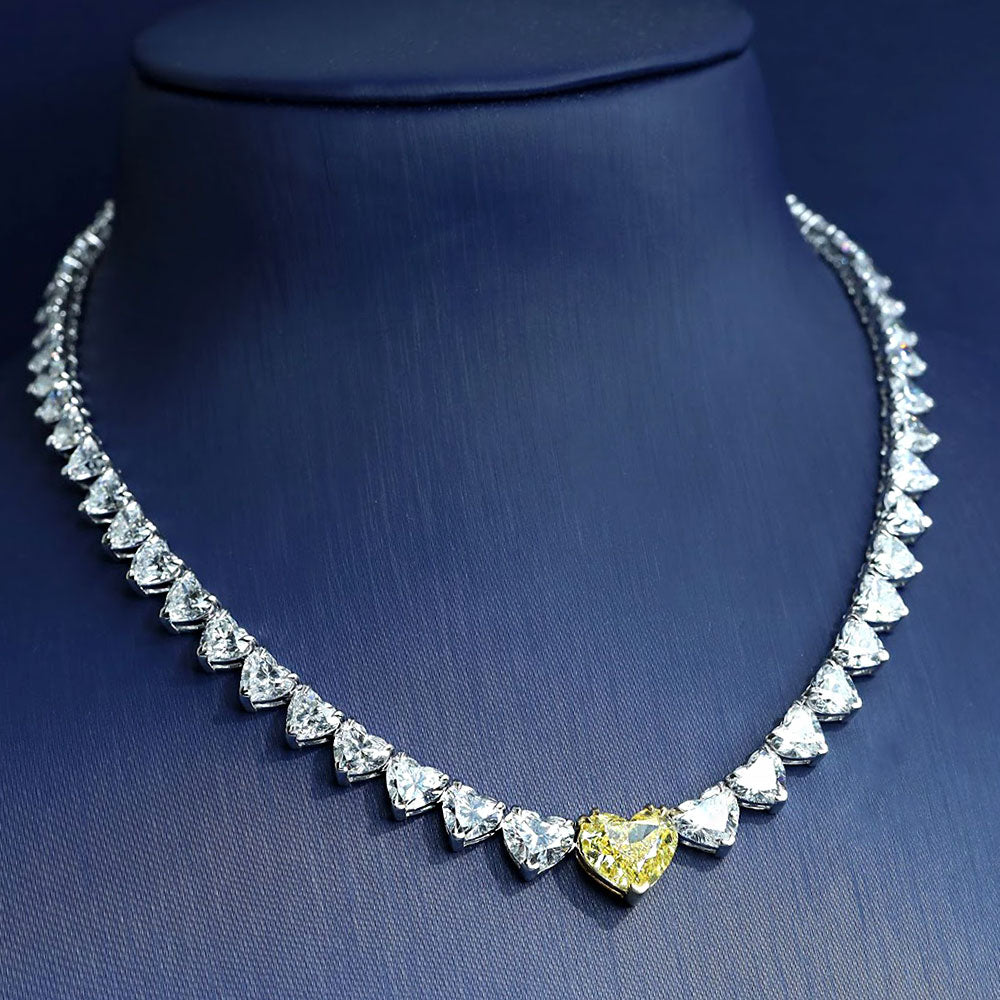39.53ctw Heart Shape Fancy Yellow & White Diamond Tennis Necklace 14k White Gold