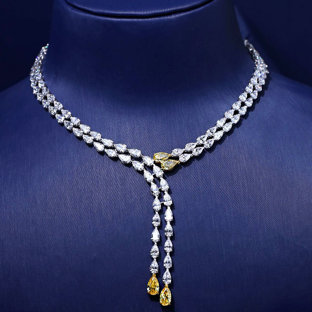 49.99ctw Fancy Yellow & White Pear Shape Drop Diamond Necklace 14k White Gold