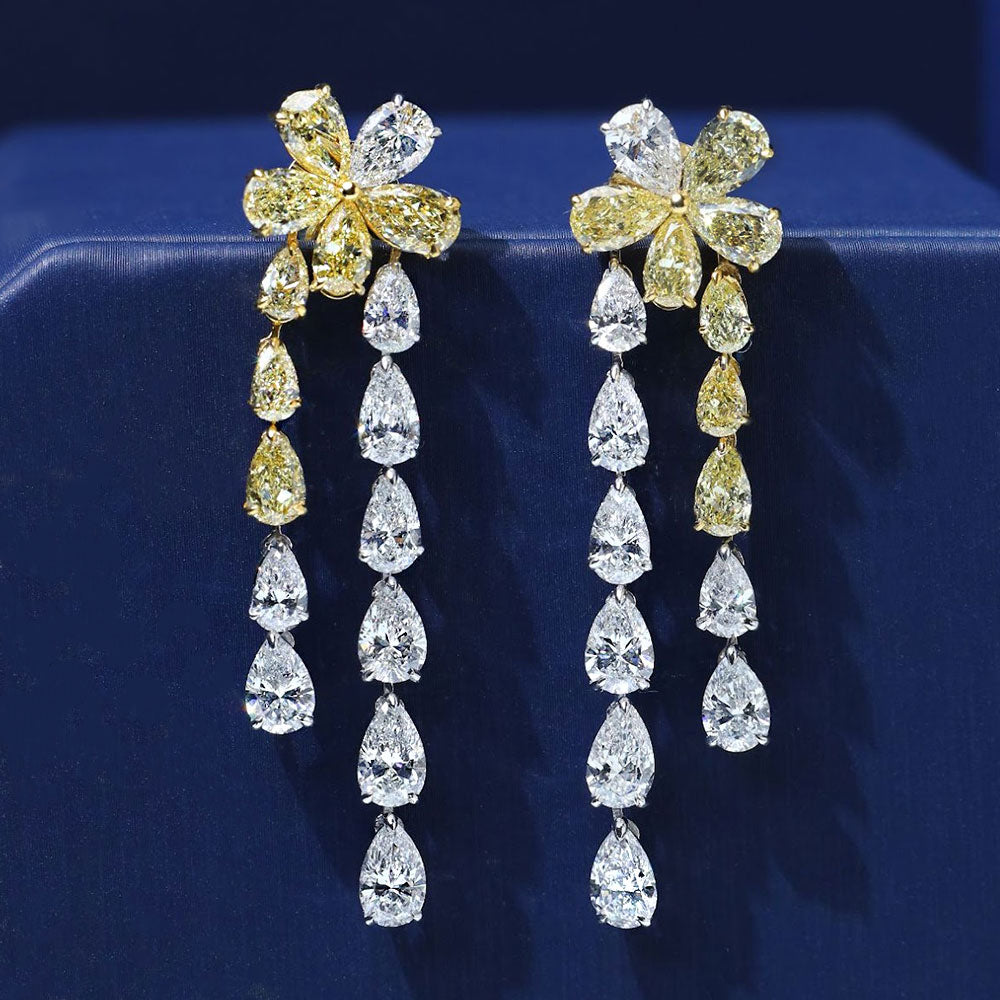 12.80ctw Pear Shape Fancy Yellow & White Diamond Earrings 14k White Gold