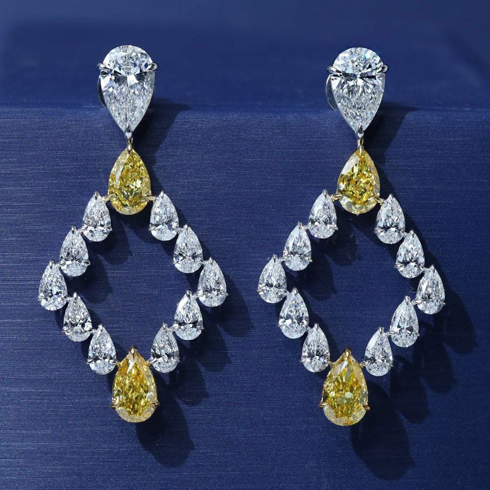 11.80ctw Pear Shape Fancy Yellow & White Diamond Earrings 14k White Gold