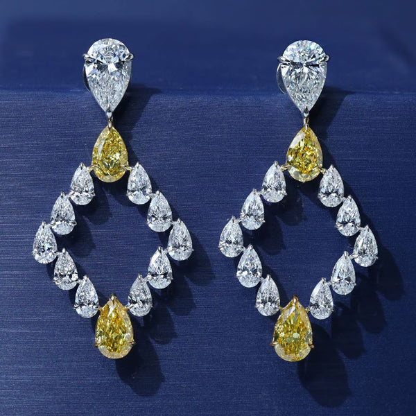 11.80ctw Pear Shape Fancy Yellow & White Diamond Earrings 14k White Gold