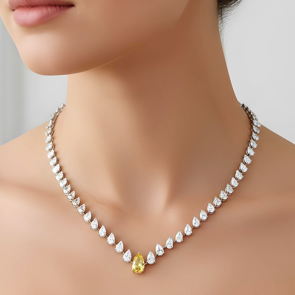 22.66ctw Pear Shape Fancy Yellow & White Diamond Necklace 14k White Gold